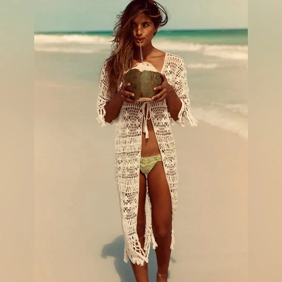 Anna Kosturova x Free People Handmade crochet Tassel Maxi Kimono Swim Coverup - Picture 3 of 9